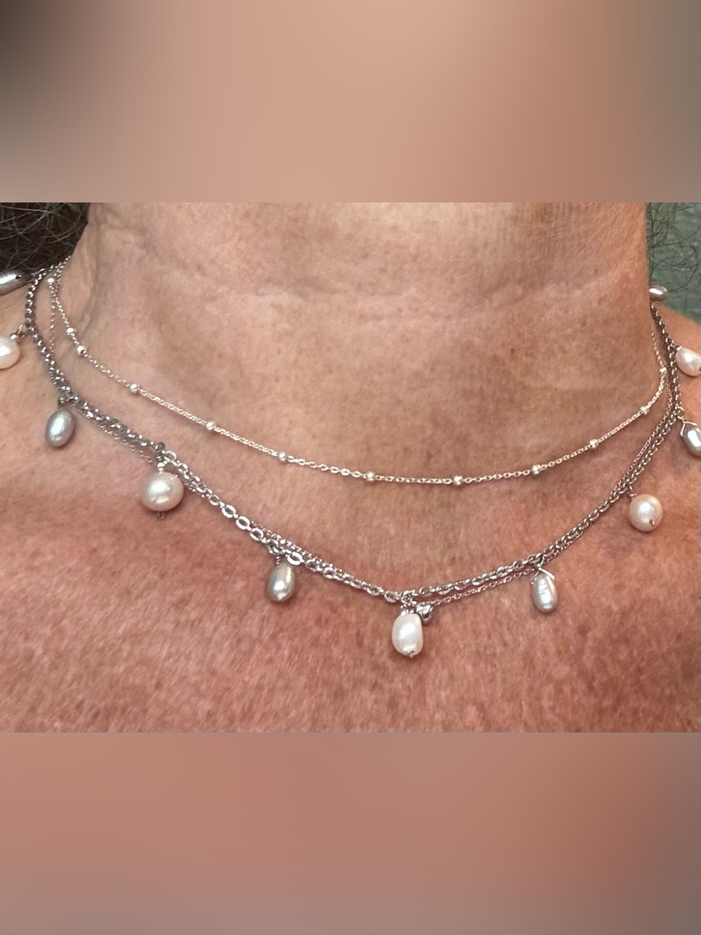 Craft Silver Necklace with White, Beige & Pale pink Pearls
